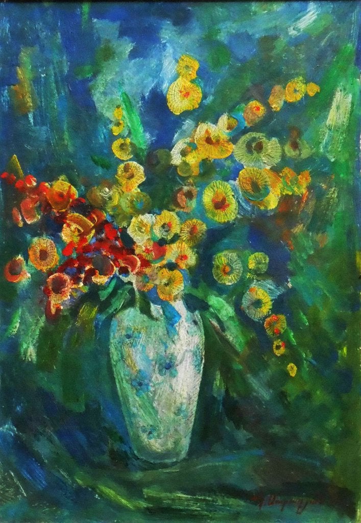 « Des fleurs et un vase », Antiquités & Art, Peinture à l'huile, Fleurs, Papier/carton, Peint à la main
