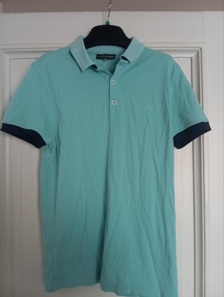 GENTILUOMO, licht appelblauwzeegroene polo, met marineblauw., Ophalen of Verzenden