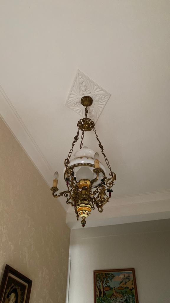 Antieke luster koper en glas, Huis en Inrichting, Lampen | Kroonluchters, Ophalen, Zo goed als nieuw, Glas