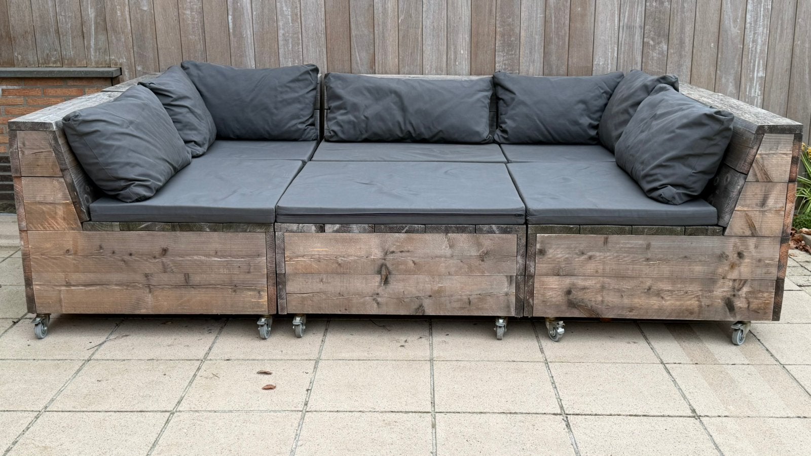 Modulaire houten tuinset/loungeset + kussens en beschermhoes, Bois d'échafaudage, 5 places, Enlèvement, Utilisé