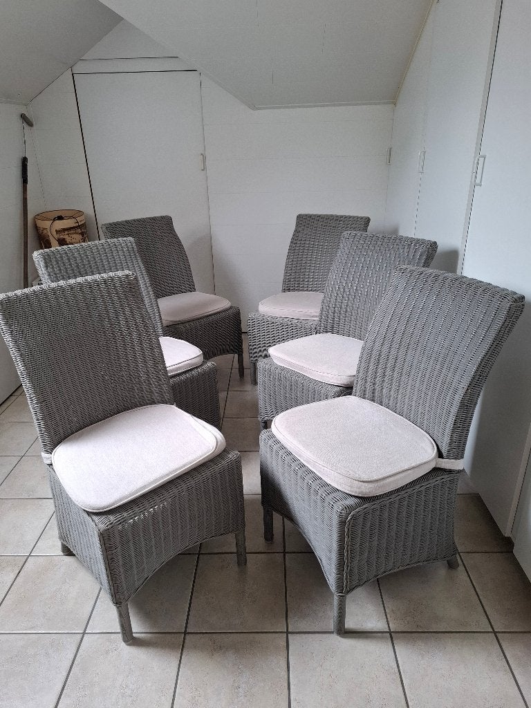 Set van 6 luxe grijze rotan stoelen met kussens, Ophalen, Riet of Rotan, Zo goed als nieuw, Grijs