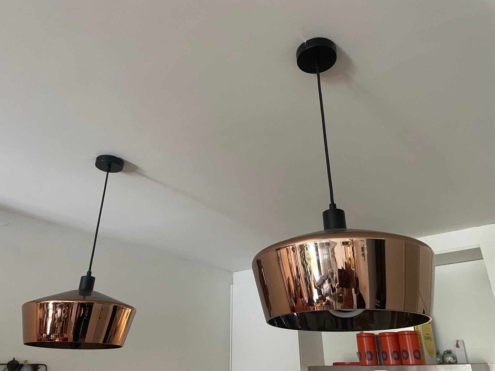 Koper kleurige hanglampen, Ophalen, Zo goed als nieuw, Glas