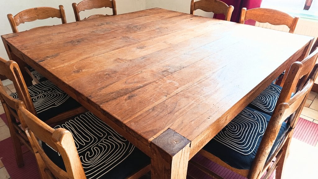 Vierkante tafel van massief teakhout - 8 personen, Ophalen, Gebruikt, Authentique, Vijf personen of meer