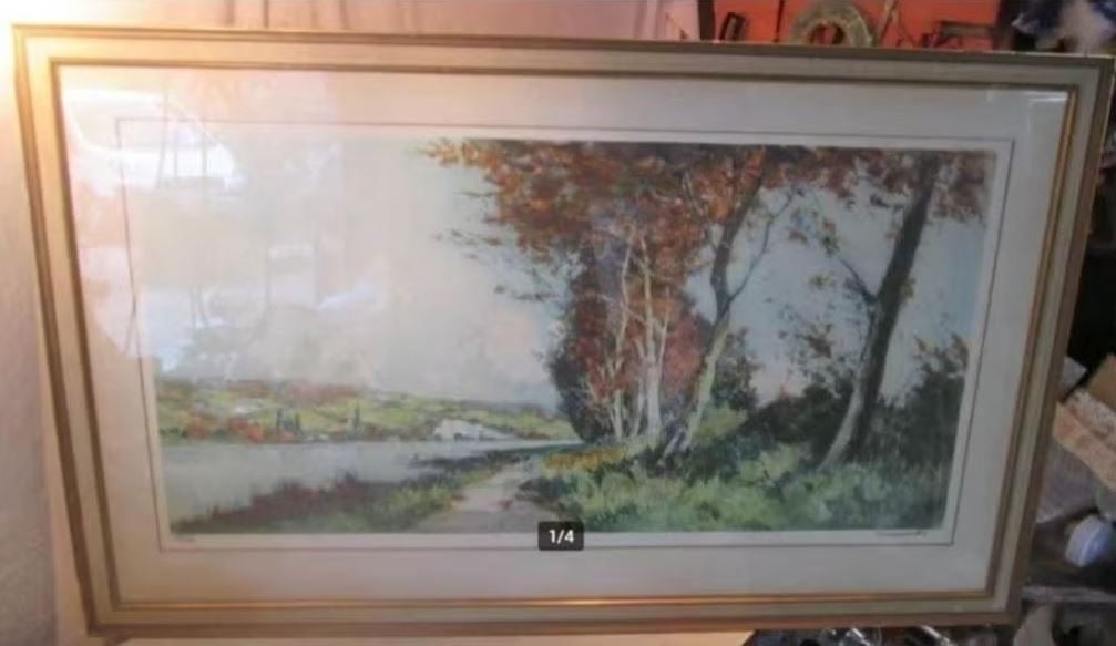 Belle sérigraphie « Rivière et colline » - Launay, Antiquités & Art, Art | Lithographies & Sérigraphies, Encadré, Enlèvement ou Envoi