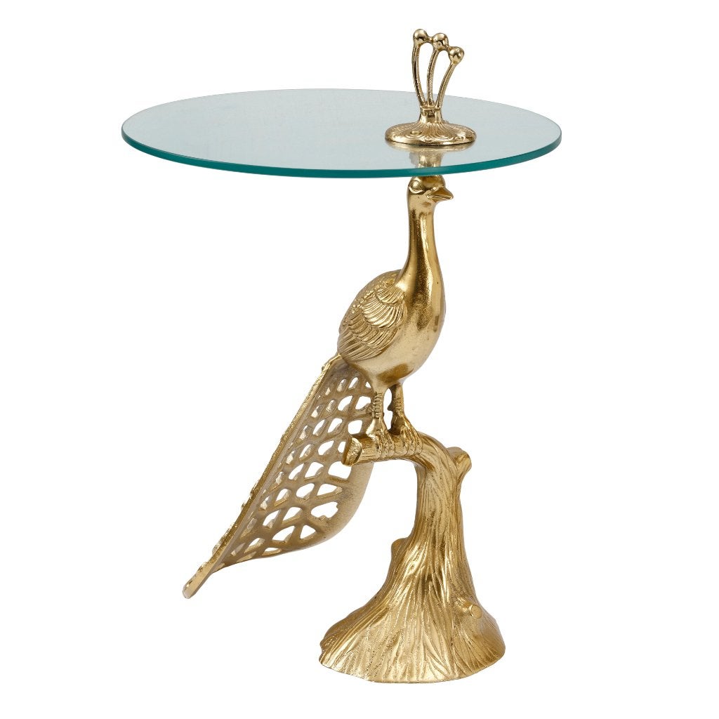 NIEUWE BIJZETTAFEL PAUW GOUD met GLAZEN BLAD 46 cm., Neuf, Brocante, Enlèvement ou Envoi, Métal