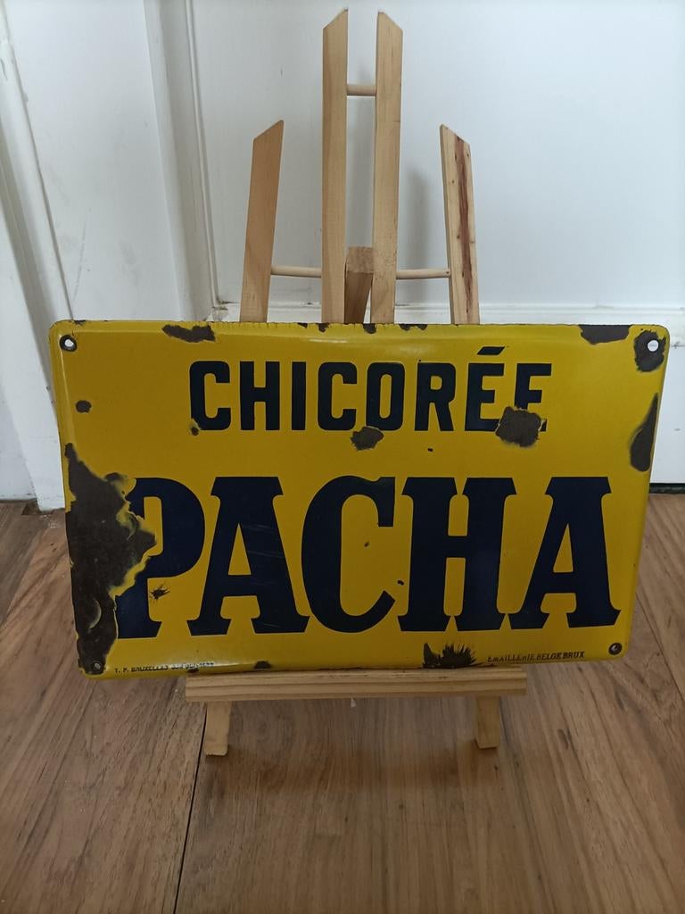 Emaille bord Chicorée Pacha - 1933 - €100 nu of nooit, Verzamelen, Ophalen of Verzenden, Zo goed als nieuw, Reclamebord