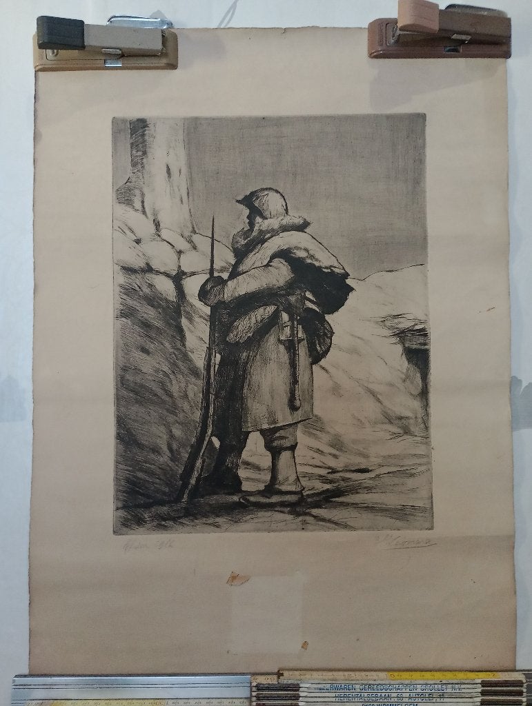 Gravure Eau-Forte Soldat Yser 1916 Charly Léonard WW1, Enlèvement ou Envoi, Militaire, Eau-forte, Encadré