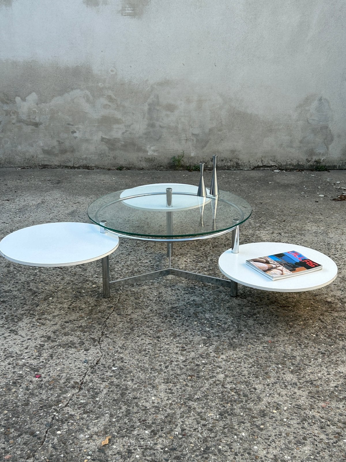Vintage space age salontafel chroom & glas jaren 70, Ophalen, Minder dan 45 cm, Metaal of Aluminium, Rond