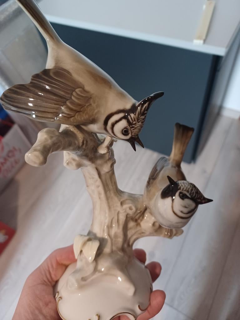 Deux mésanges huppés en porcelaine. Hutschenreuther. Signé, Enlèvement