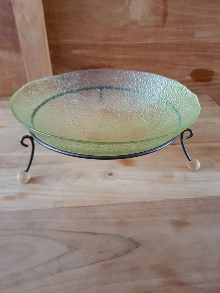 Prachtige vintage glazen schaal met metalen houder, Ophalen of Verzenden