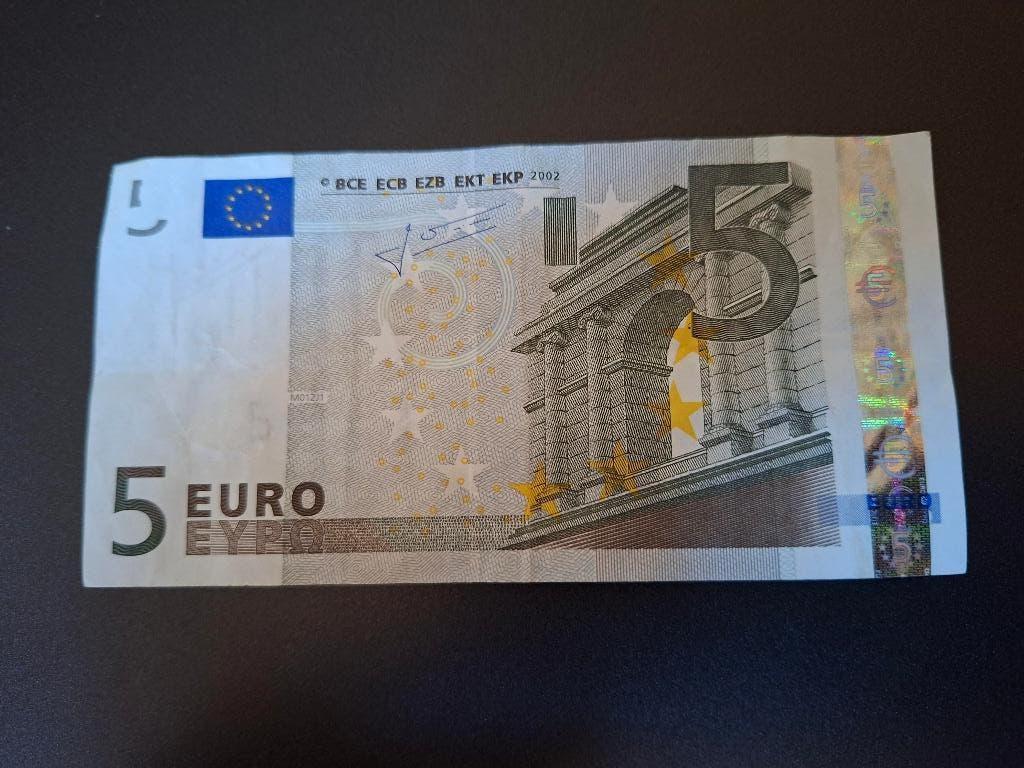 2002 Spanje 5 euro oude serie Trichet code M012 type B, Postzegels en Munten, Verzenden, Spanje, 5 euro, Los biljet