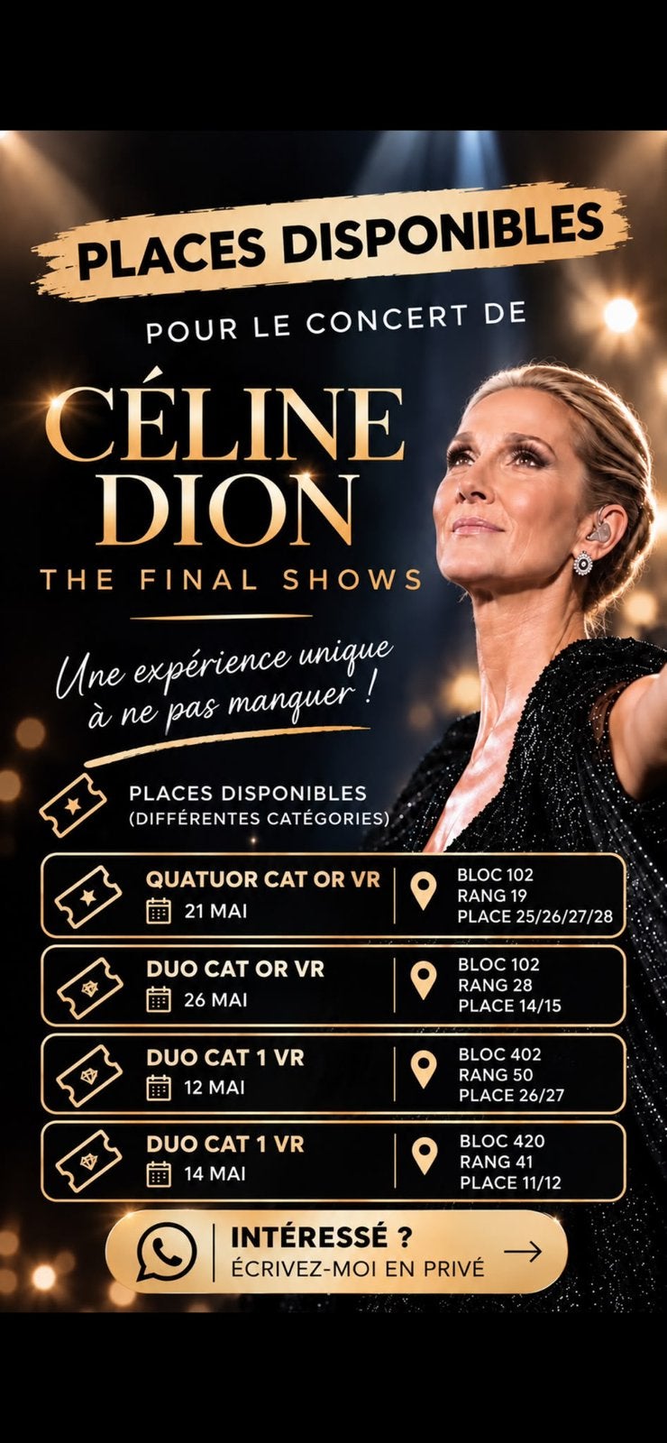 Place pour le concert de celine dion, Tickets & Billets