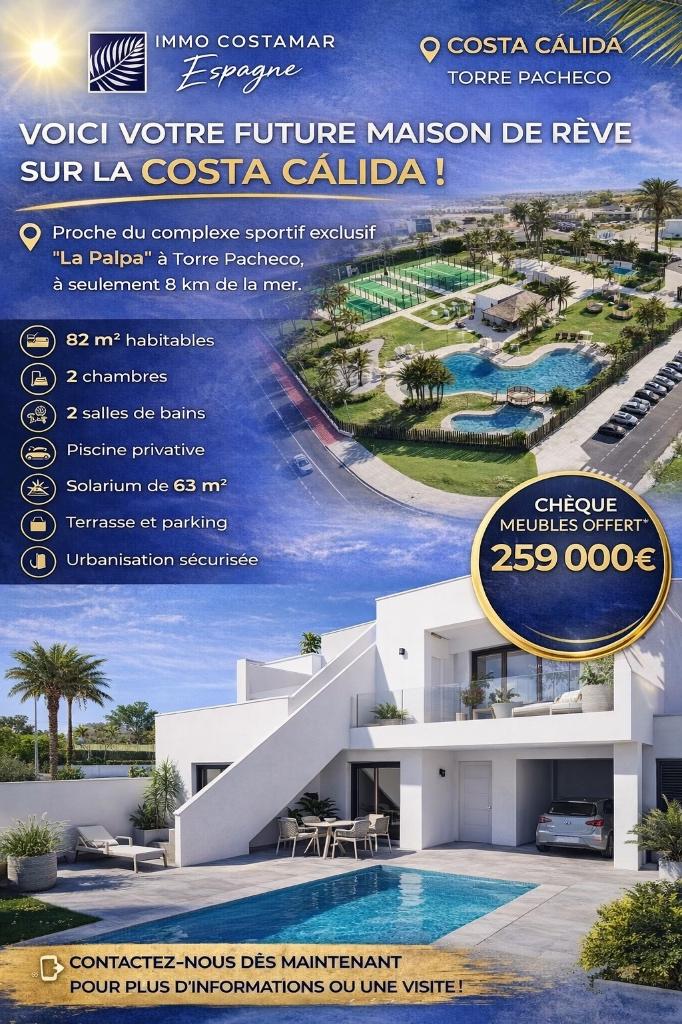 maison a vendre piscine privée en espagne, Immo, Étranger, Village, Maison d'habitation, 81 m², Costa Calida