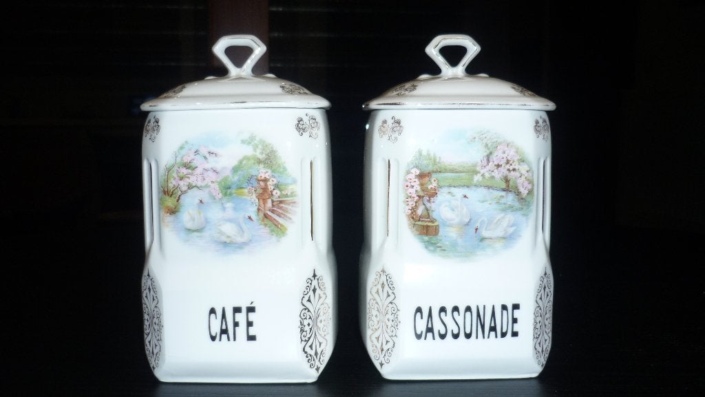 Porseleinen antieke potten met opschrift cafe en cassonade, Antiek en Kunst, Ophalen
