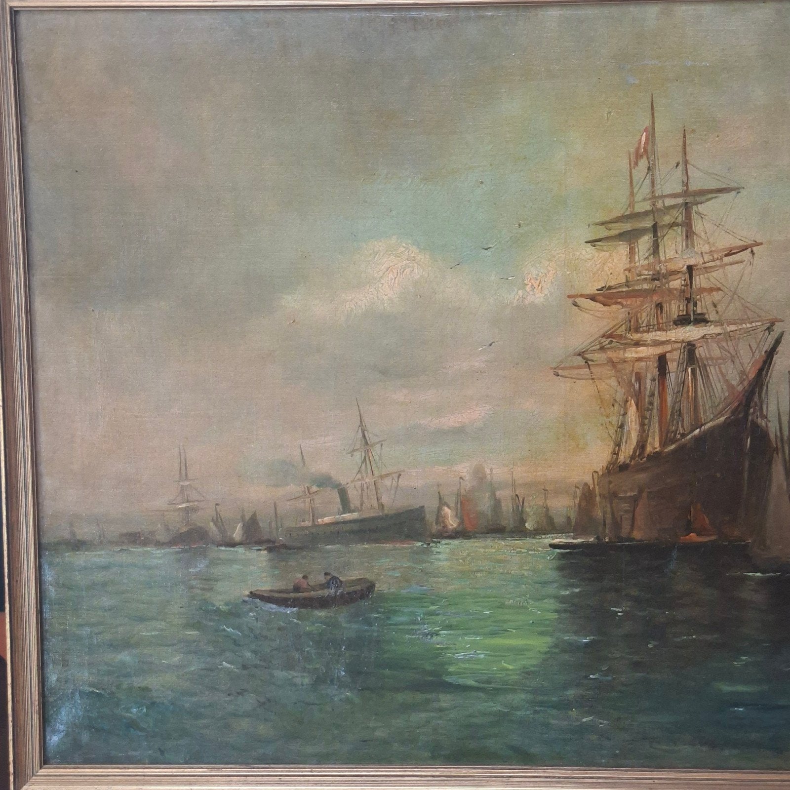Oude schepen voor anker, Antiek en Kunst, Maritiem / water, Doek, Ophalen of Verzenden, Gesigneerd