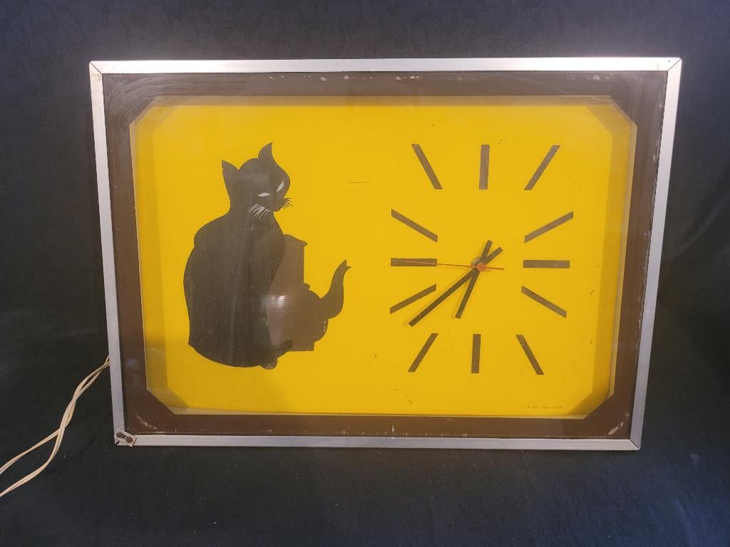 1974 Café Chat Noir verlicht bord en klok, Verzamelen, Ophalen of Verzenden, Gebruikt, Reclamebord
