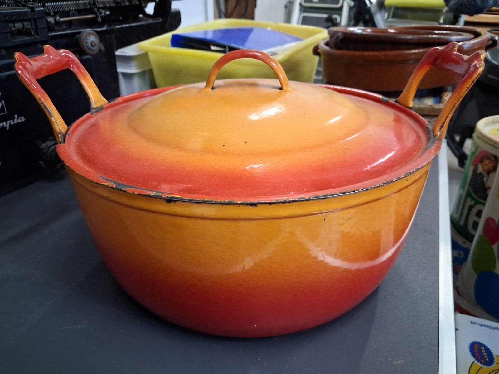 Grote oranje geëmailleerde gietijzeren kookpot, Huis en Inrichting, Ophalen