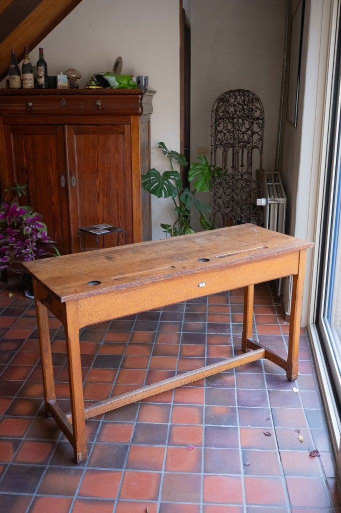 Pupitre d’école double ancien en chêne, Enlèvement, Utilisé, Bois, Bureau d'écolier