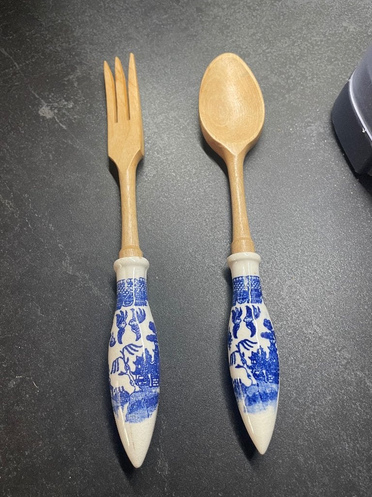 Couverts de spa vintage avec poignées porcelaine blanc bleu, Enlèvement, Comme neuf, Bois