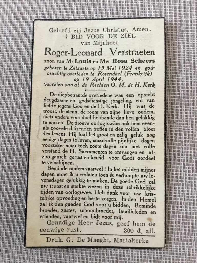 Oorlogsslachtoffer R.Verstraeten Zelzate +1944 Rozendaal, Verzamelen, Ophalen of Verzenden, Bidprentje