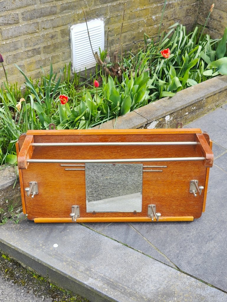 Vintage houten wandkapstok met spiegel en hoedenplank, Huis en Inrichting, Ophalen, Gebruikt, Wandkapstok