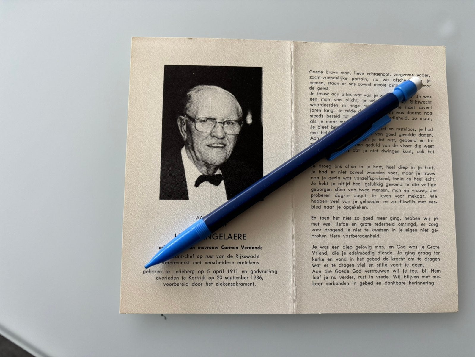 Adjudant chef van de rijkswacht Ingelaere, Verzamelen, Verzenden, Bidprentje
