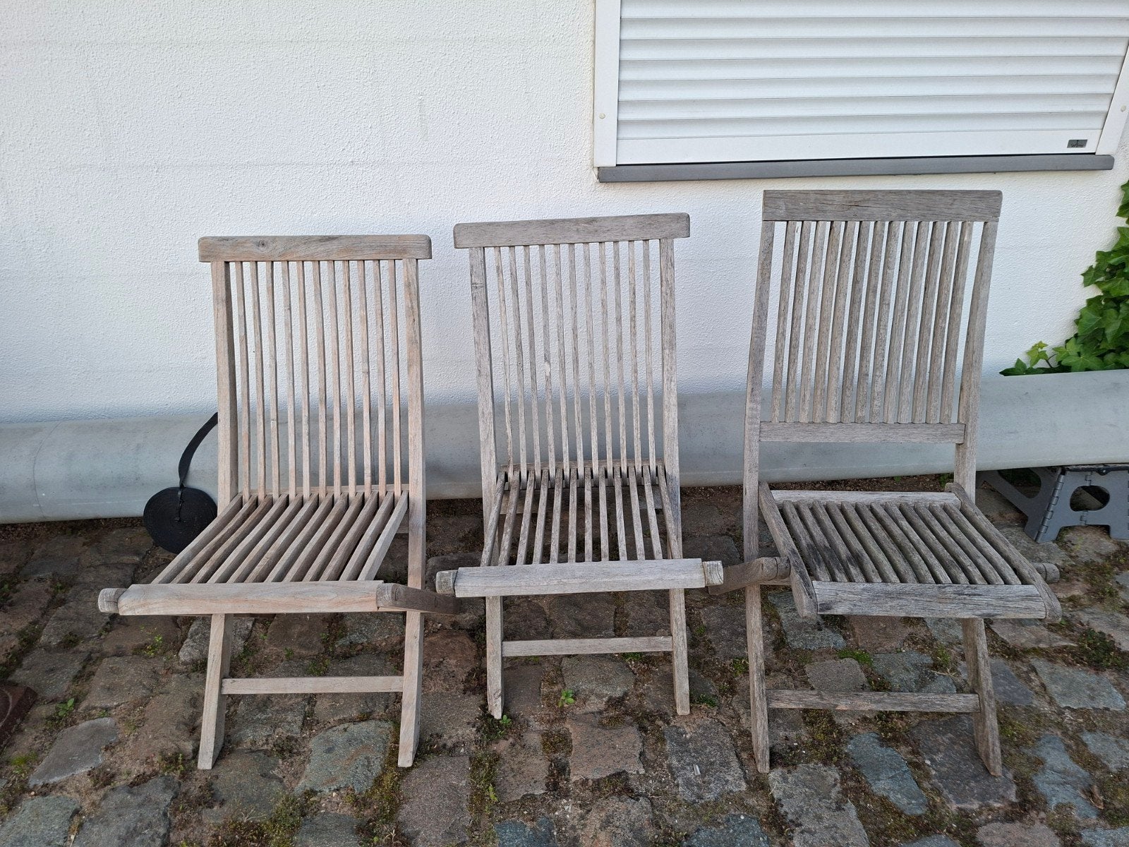 3 teak tuinstoelen, mooi vergrijsd, Ophalen, Gebruikt, Hout, Stapelbaar