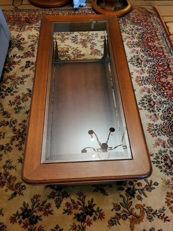 table basse en acajou et plateau en verre, Enlèvement, Utilisé, Rectangulaire, Verre