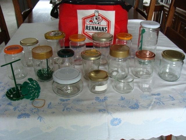 lot 26 bocaux à confiture avec couvercle, 4 spatules vertes, Enlèvement, Comme neuf, Verre, Autres types