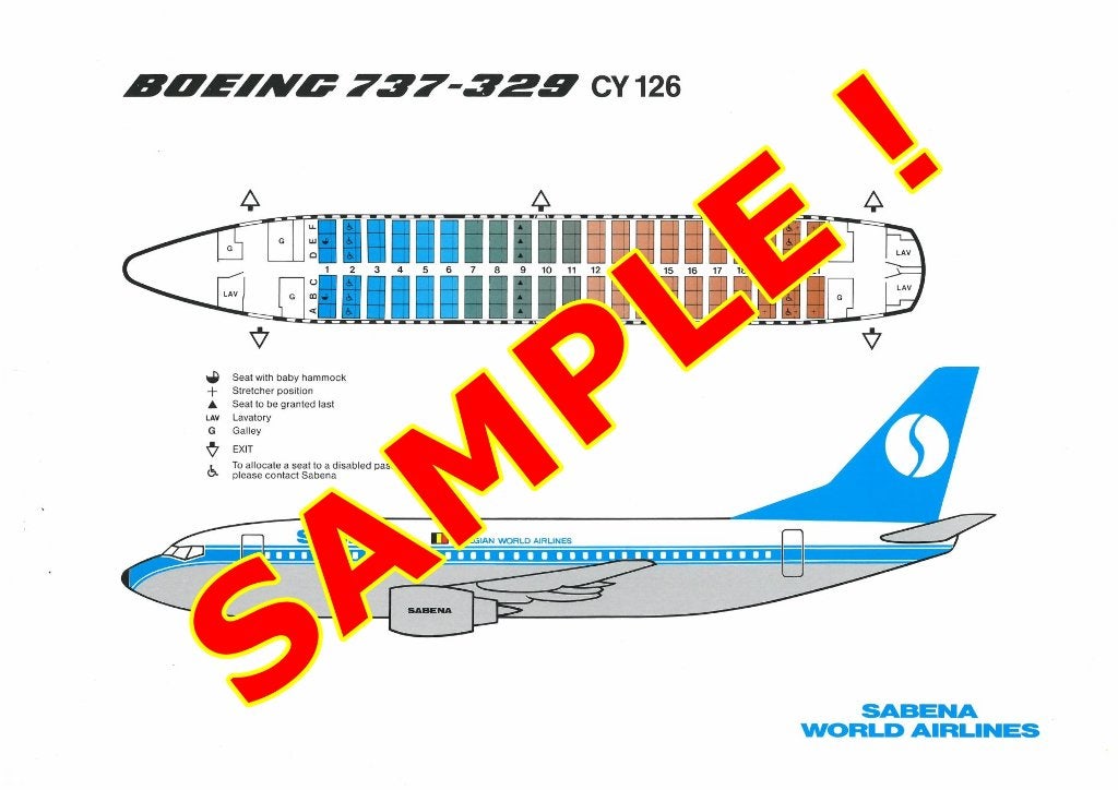 Affiche Sabena Plan sièges de l'avion Boeing B737-329 CY126, Collections, Souvenirs Sabena, Enlèvement ou Envoi, Neuf