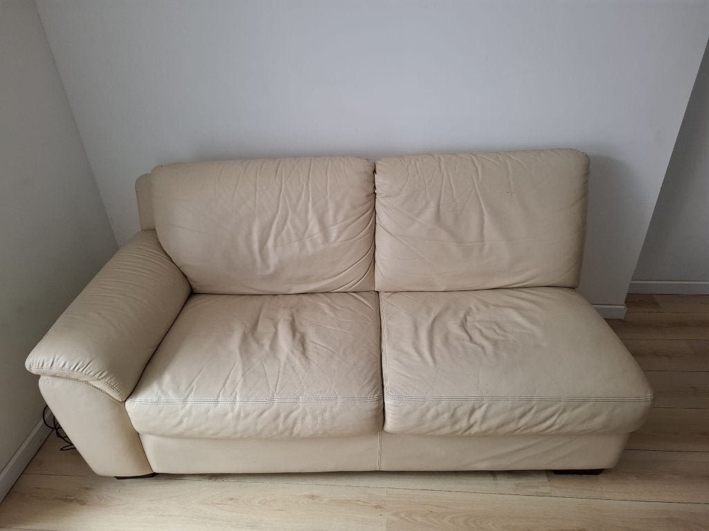 Beige leren bank - Goede staat, Ophalen, Gebruikt, Leer, Rechte bank