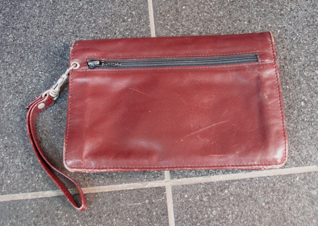 119. Pochette vintage en cuir bordeaux – Homme – 23  16 cm, Ophalen of Verzenden, Gebruikt, Leer