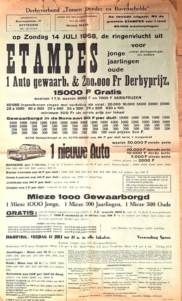 oude affiche duivenvlucht ringenvlucht  uit ETAMPES 1968, Verzamelen, Ophalen of Verzenden, Sport, A1 t/m A3, Rechthoekig Staand