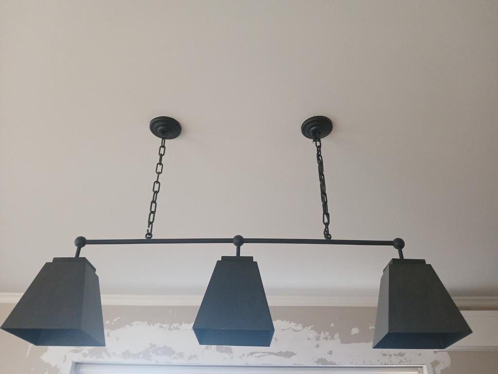 Hanglamp met 1 lichtpunt en 3 lampenkappen in metaal, Ophalen, Gebruikt, Metaal
