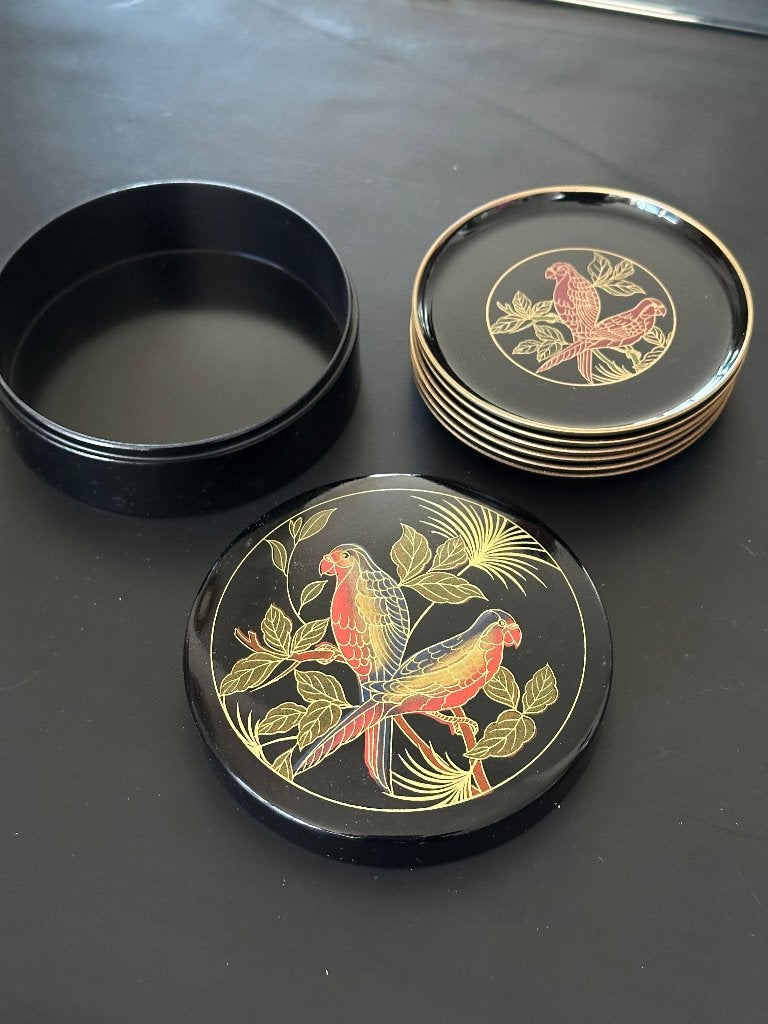 Vintage Boite sous-verres japonais perroquets 60’s, Maison & Meubles, Noir, Sous-verre, Enlèvement, Autres matériaux