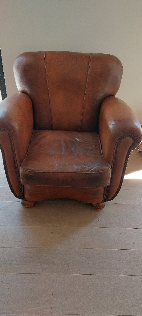 antieke lederen clubzetel 1910, Huis en Inrichting, Fauteuils, Gebruikt, Hout, Leer, Ophalen