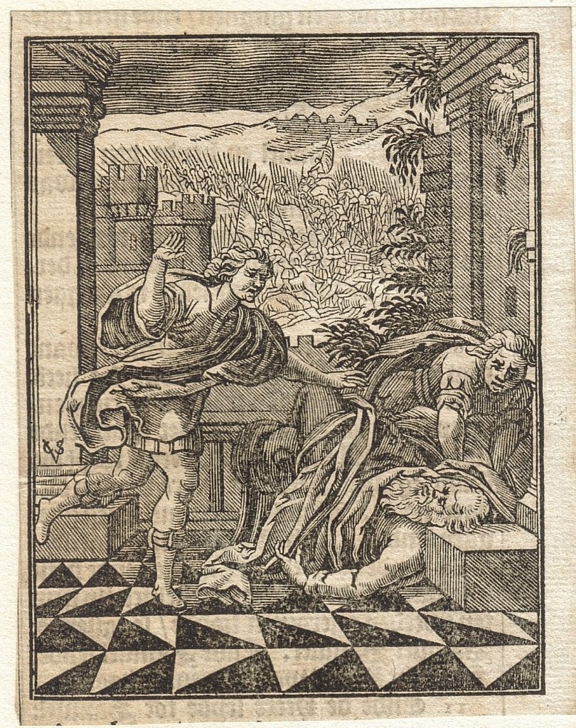 Christoffel van Sichem II houtsnede "Scène uit 1 Samuel 4", Religion, Avec texte, 1600 - 1699, Enlèvement