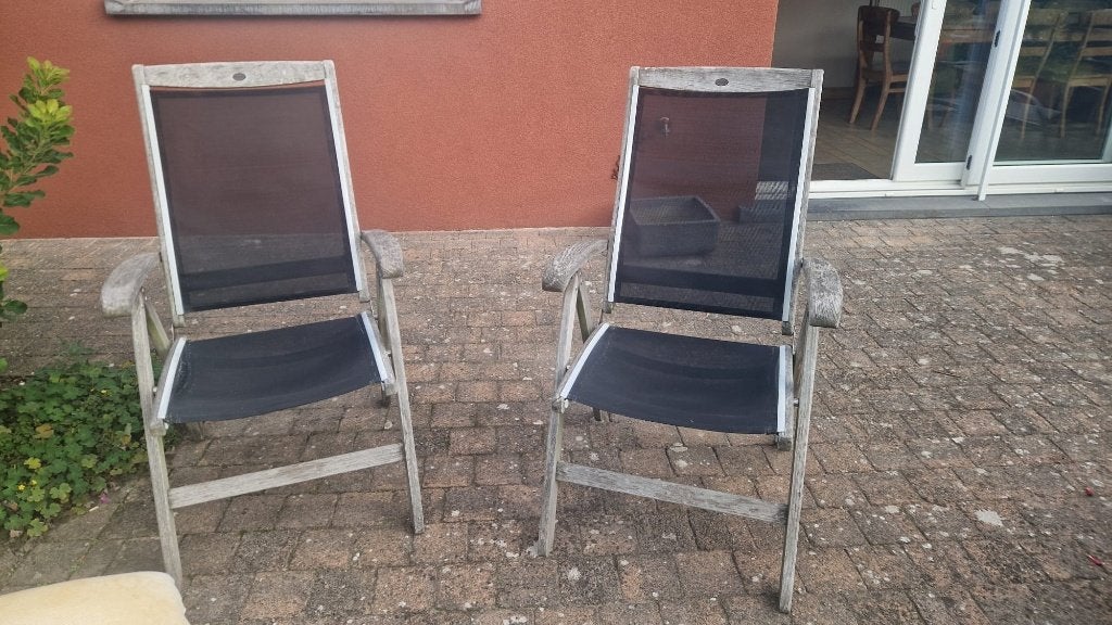 2 verstelbare tuinstoelen, Tuin en Terras, Ophalen, Gebruikt, Hout, Inklapbaar