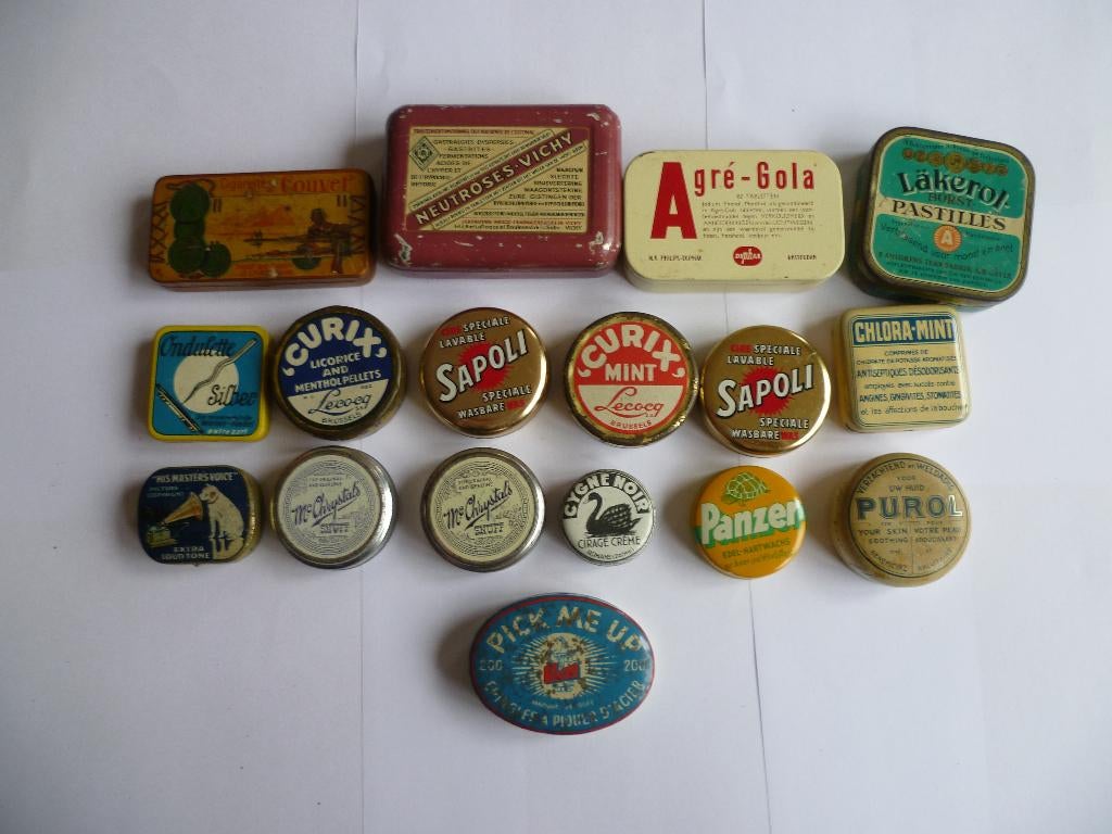 17 X OUDE VINTAGE RECLAME BLIKJES UIT VROEGERE JAREN 50/60, Verzamelen, Ophalen of Verzenden, Gebruikt, Verpakking