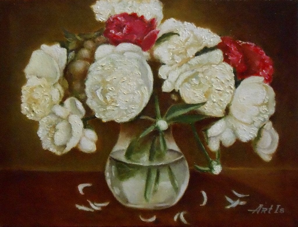Peinture « Des fleurs et un vase », Antiquités & Art, Art | Peinture | Moderne, Textile, Peinture à l'huile, Fleurs, Sur cadre en bois
