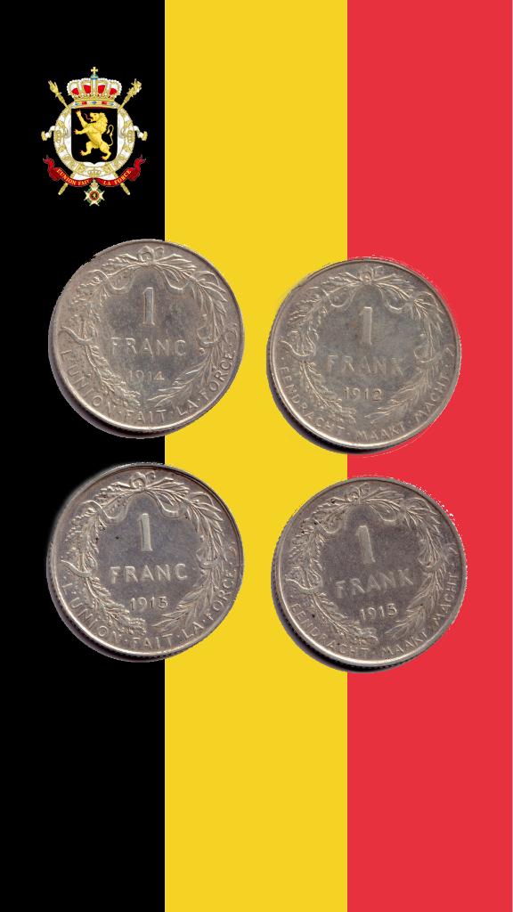 Lotje: 1 frank (4 stuks) 1912-1914 - Albert I, Zilver, Zilver, Verzenden, Setje
