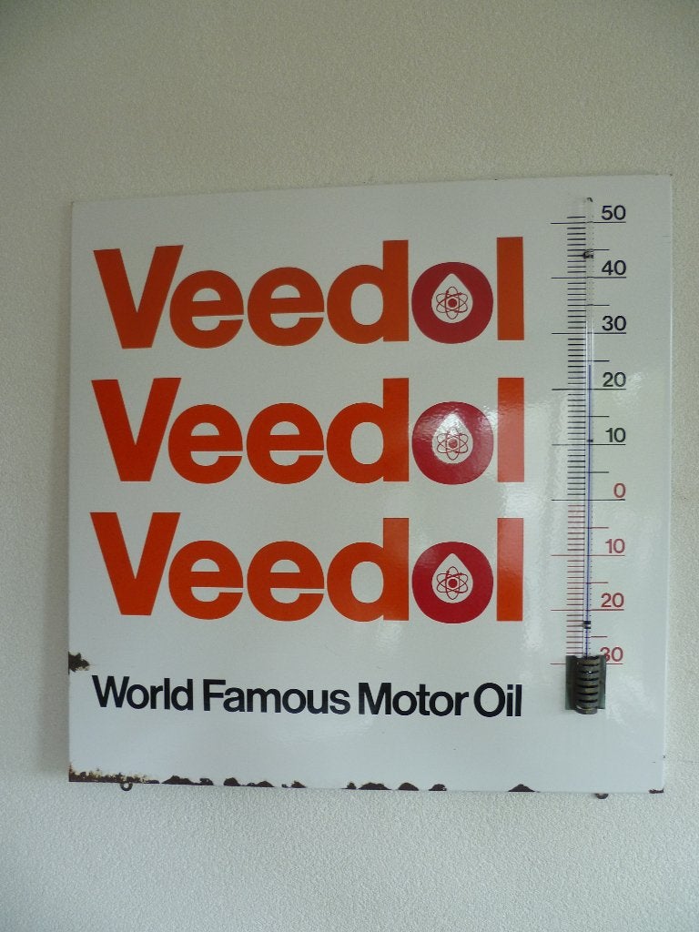 EMAILLE RECLAMETHERMOMETER"VEEDOL MOTOR OIL"UIT JAREN 50/60, Enlèvement ou Envoi, Utilisé, Panneau publicitaire