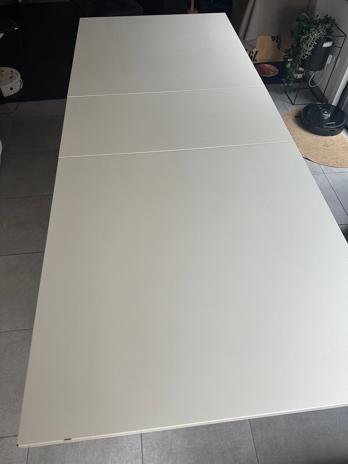 Tafel 180x90 met verlengstuk 220 en 6 stoelen op wieltjes, Ophalen, Gebruikt