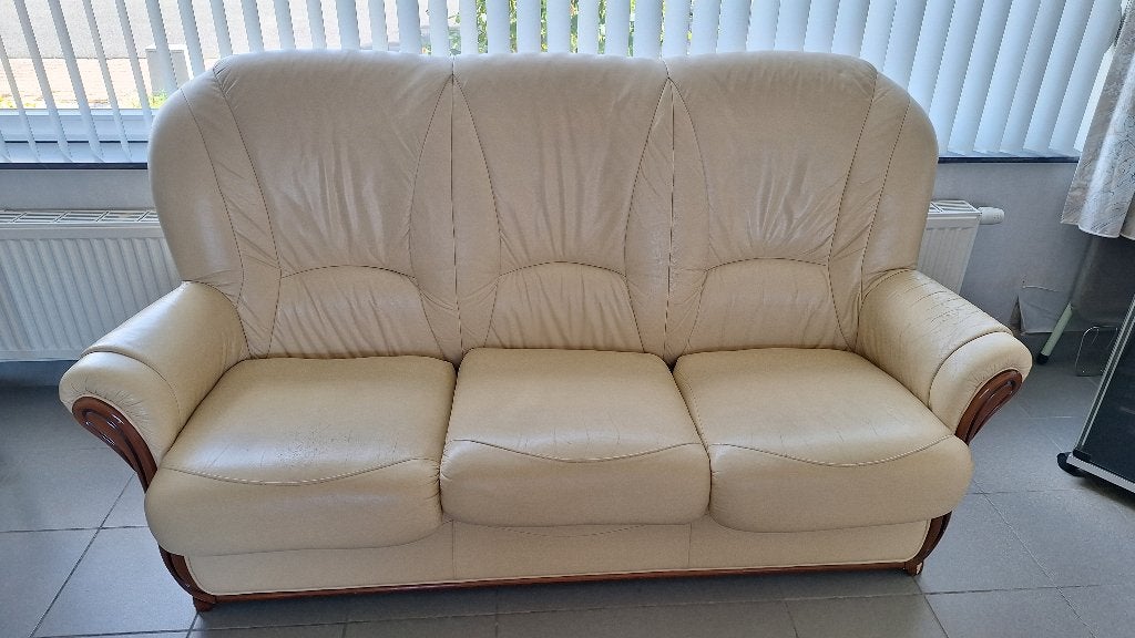 Klassieke lederen salon: 3-zit zetel en 2 fauteuils, Ophalen, Gebruikt, Leer