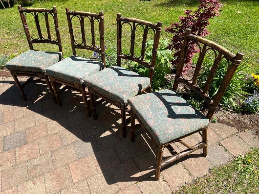 Bamboe stoelen met kussens 4 stuks vintage, Comme neuf, Brun, Enlèvement, Quatre