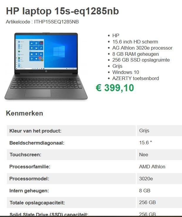 Laptop HP 15s-eq1285nb, Ophalen, Hp, 256 GB, 15 inch