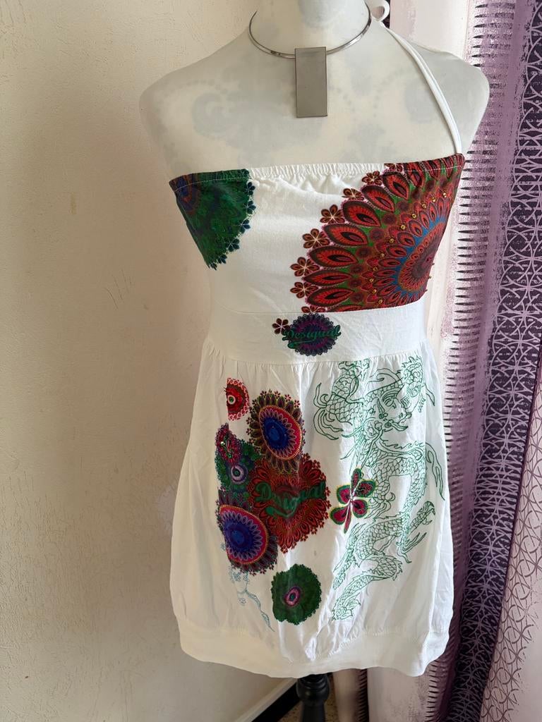 Robe Desigual blanche à broderies colorées  taille L, Enlèvement ou Envoi, Comme neuf