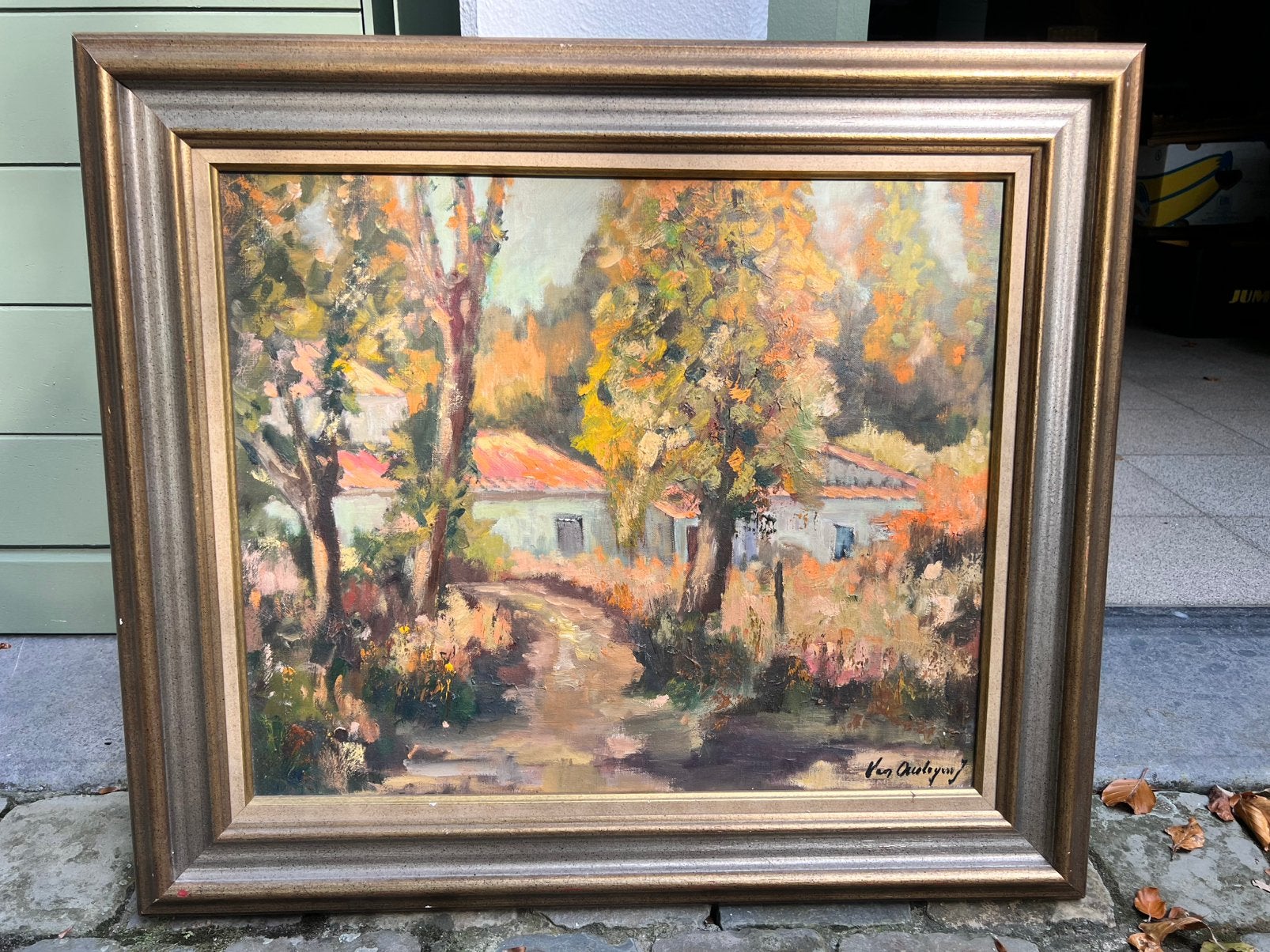 Van Outryve (1944) Paysage d'automne avec une ferme., Antiquités & Art, Encadré, Peinture à l'huile, Paysage, Expressionniste