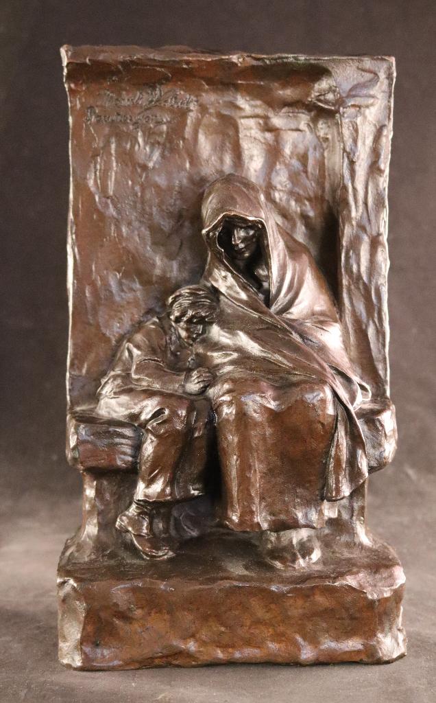 Sculpture en bronze signée de 1883, Enlèvement ou Envoi, Patiné, Statue
