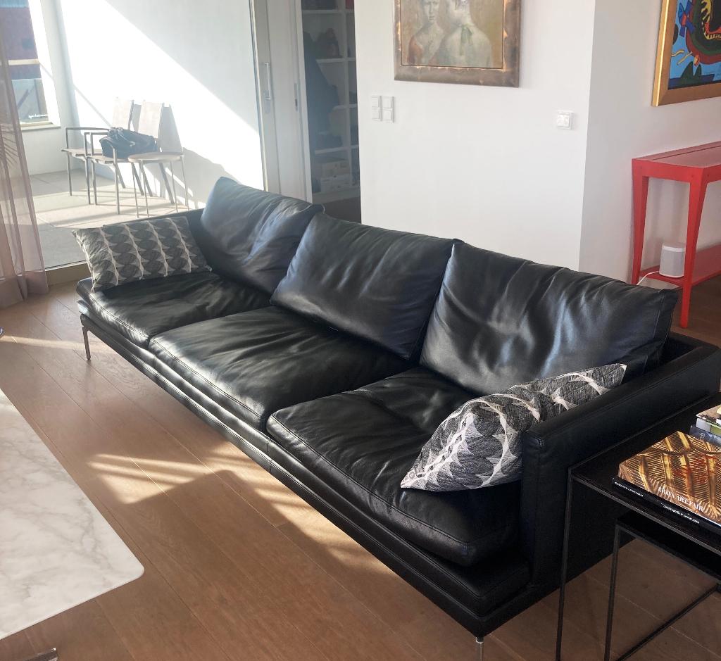 Design driezit zetel Zanotta William zwart leer – als nieuw, Ophalen, 250 tot 300 cm, Iconische design, Driepersoons